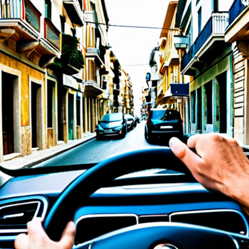 A modern car navigating a narrow, bustling street in a vibrant Greek city, like Athens or Thessaloniki. Traditional stone buildings with charming details line the street, showcasing the blend of ancient architecture and contemporary urban life. Glimpses of a smart traffic management system are visible. The focus is on the dynamic urban landscape. The driver, an adult, is fully clothed in modest, appropriate attire, hands on the steering wheel in a natural pose. The image captures professional photography, high resolution, perfect anatomy, correct proportions, natural body proportions, well-formed hands, proper finger count, safe for work, appropriate content, fully clothed, professional, family-friendly.