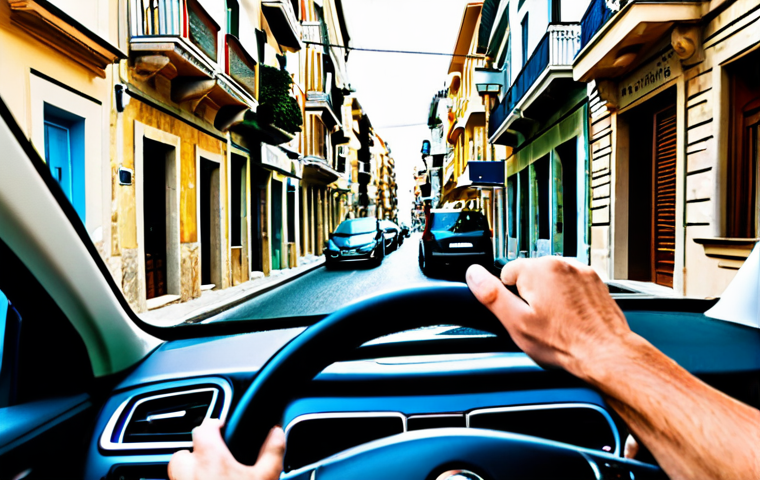 A modern car navigating a narrow, bustling street in a vibrant Greek city, like Athens or Thessaloniki. Traditional stone buildings with charming details line the street, showcasing the blend of ancient architecture and contemporary urban life. Glimpses of a smart traffic management system are visible. The focus is on the dynamic urban landscape. The driver, an adult, is fully clothed in modest, appropriate attire, hands on the steering wheel in a natural pose. The image captures professional photography, high resolution, perfect anatomy, correct proportions, natural body proportions, well-formed hands, proper finger count, safe for work, appropriate content, fully clothed, professional, family-friendly.
