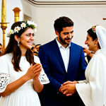 Traditional Greek Wedding Scene**

A fully clothed Greek bride in a modest white gown with traditional jewelry and a flower crown, standing in a beautifully decorated Greek Orthodox church. The groom, also fully clothed in a suit, stands beside her during the "Stephan" ceremony, where a priest exchanges floral crowns above their heads.  Intricate details, soft natural lighting, perfect anatomy, correct proportions, well-formed hands, proper finger count.  Safe for work, appropriate content, professional, family-friendly, depicting a joyous and respectful cultural celebration. Background includes other traditionally dressed attendees.

**