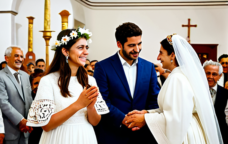 Traditional Greek Wedding Scene**

A fully clothed Greek bride in a modest white gown with traditional jewelry and a flower crown, standing in a beautifully decorated Greek Orthodox church. The groom, also fully clothed in a suit, stands beside her during the "Stephan" ceremony, where a priest exchanges floral crowns above their heads.  Intricate details, soft natural lighting, perfect anatomy, correct proportions, well-formed hands, proper finger count.  Safe for work, appropriate content, professional, family-friendly, depicting a joyous and respectful cultural celebration. Background includes other traditionally dressed attendees.

**