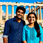 **

A young Bengali couple, fully clothed in modest travel attire, smiles as they stand in front of the Acropolis in Athens. The woman wears a colorful salwar kameez, the man a casual shirt and jeans. The scene is sunny and bright, showcasing the ancient ruins and the clear blue sky. Safe for work, appropriate content, professional, perfect anatomy, natural pose, family-friendly.

**