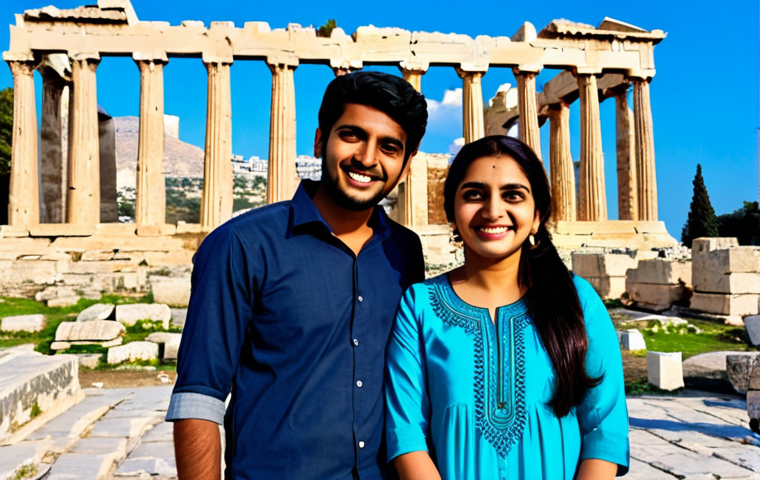 **

A young Bengali couple, fully clothed in modest travel attire, smiles as they stand in front of the Acropolis in Athens. The woman wears a colorful salwar kameez, the man a casual shirt and jeans. The scene is sunny and bright, showcasing the ancient ruins and the clear blue sky. Safe for work, appropriate content, professional, perfect anatomy, natural pose, family-friendly.

**