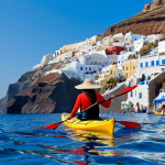 Kayaking in Santorini**

"A woman kayaking in the clear blue waters around Santorini, Greece. She is wearing appropriate athletic clothing and a sun hat. The background shows the iconic white buildings of Santorini on the cliffs. Safe for work, appropriate content, fully clothed, perfect anatomy, natural proportions, professional, landscape photography, high quality."

**