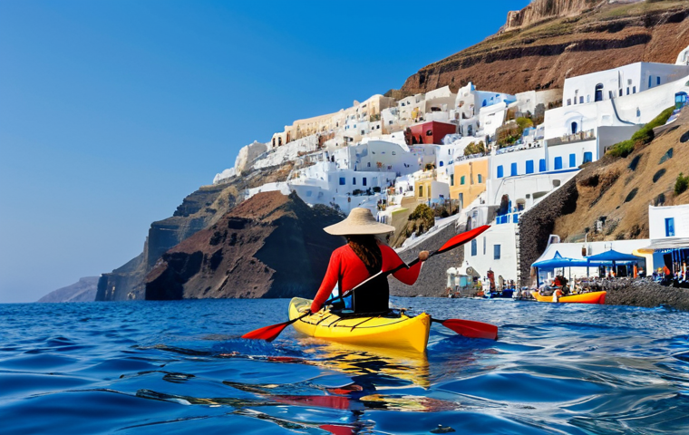 Kayaking in Santorini**

"A woman kayaking in the clear blue waters around Santorini, Greece. She is wearing appropriate athletic clothing and a sun hat. The background shows the iconic white buildings of Santorini on the cliffs. Safe for work, appropriate content, fully clothed, perfect anatomy, natural proportions, professional, landscape photography, high quality."

**