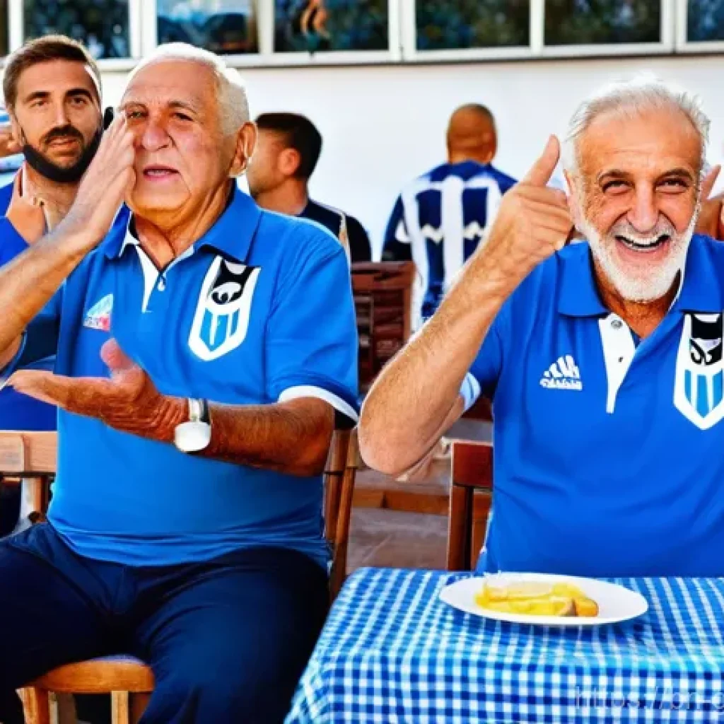 그리스에서 축구가 인기 있는 이유 - **Prompt:** A multi-generational Greek family passionately watching a football match together in a v...