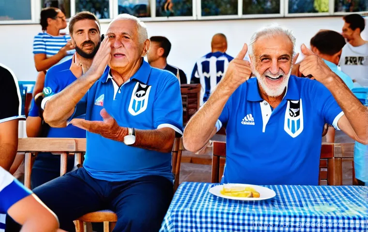 그리스에서 축구가 인기 있는 이유 - **Prompt:** A multi-generational Greek family passionately watching a football match together in a v...
