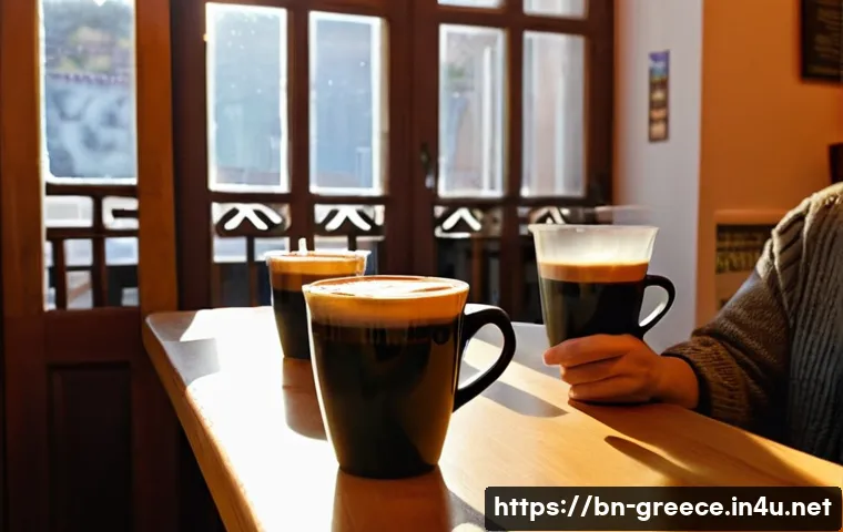 그리스 커피 문화 - **Prompt:** A cozy, warm-lit traditional Greek coffee shop bustling with life. Diverse groups of fri...