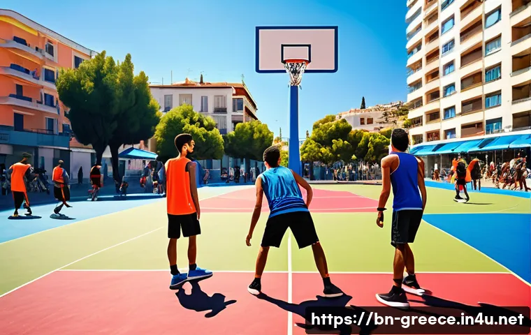 그리스에서 인기 있는 스포츠 - A vibrant scene in a Greek urban park during a sunny afternoon, showing a diverse group of young peo...