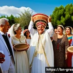 그리스인들의 결혼 문화 - A vibrant Greek wedding scene showing an extended family celebration outdoors, including grandparent...