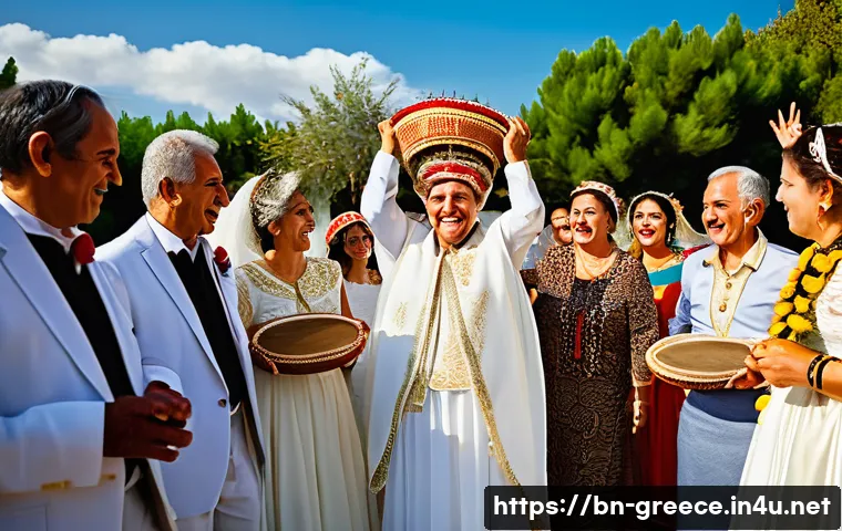 그리스인들의 결혼 문화 - A vibrant Greek wedding scene showing an extended family celebration outdoors, including grandparent...
