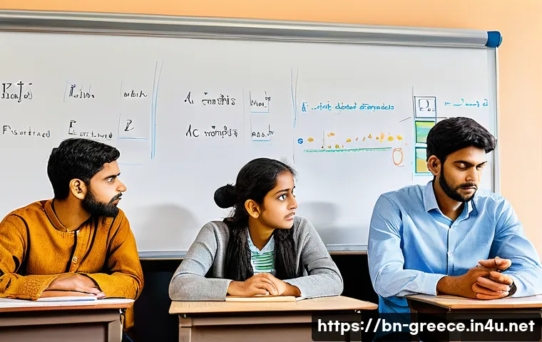 그리스 출신 철학자들의 현대적 영향 - A thoughtful classroom scene inspired by ancient Greek philosophy, featuring a diverse group of stud...