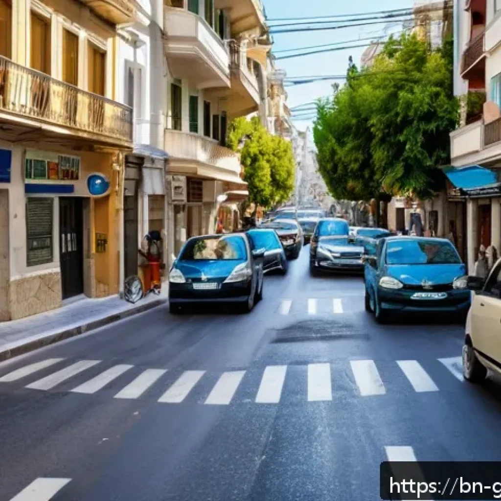 그리스 도로 사정과 운전 팁 - A detailed urban scene in Athens, Greece, showing a busy city street filled with cars and scooters n...