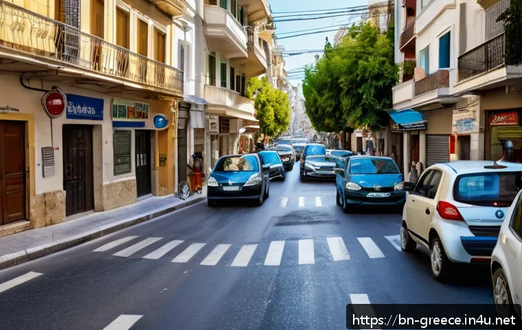 그리스 도로 사정과 운전 팁 - A detailed urban scene in Athens, Greece, showing a busy city street filled with cars and scooters n...