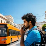그리스 여행 중 유용한 앱 추천 - A vibrant urban scene in Athens, Greece showing a young Bengali traveler using the &ldquo;Moovit&rdquo; app on t...