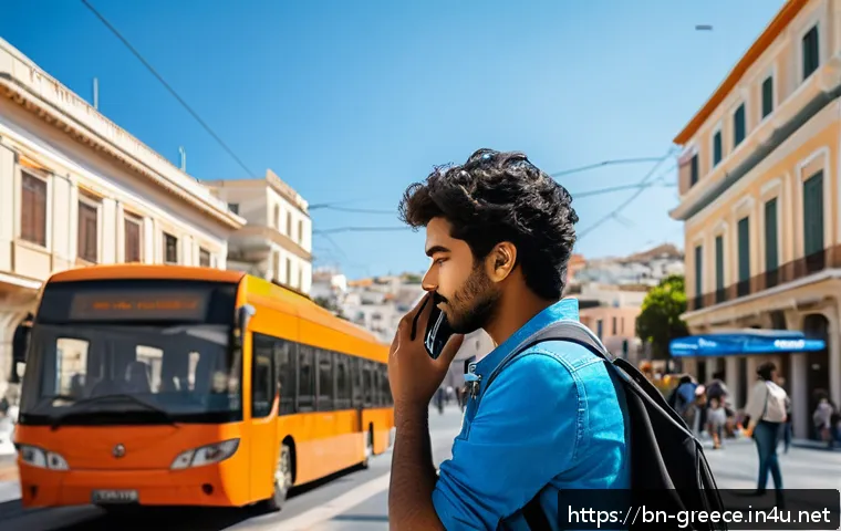 그리스 여행 중 유용한 앱 추천 - A vibrant urban scene in Athens, Greece showing a young Bengali traveler using the &ldquo;Moovit&rdquo; app on t...