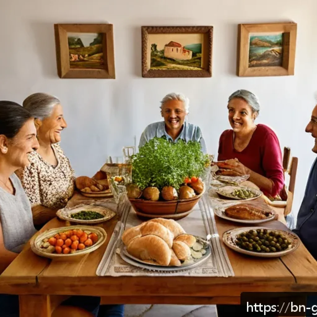 그리스 여행자가 주의해야 할 문화 차이 - A warm and inviting Greek family dining scene in a rustic village home, featuring multiple generatio...