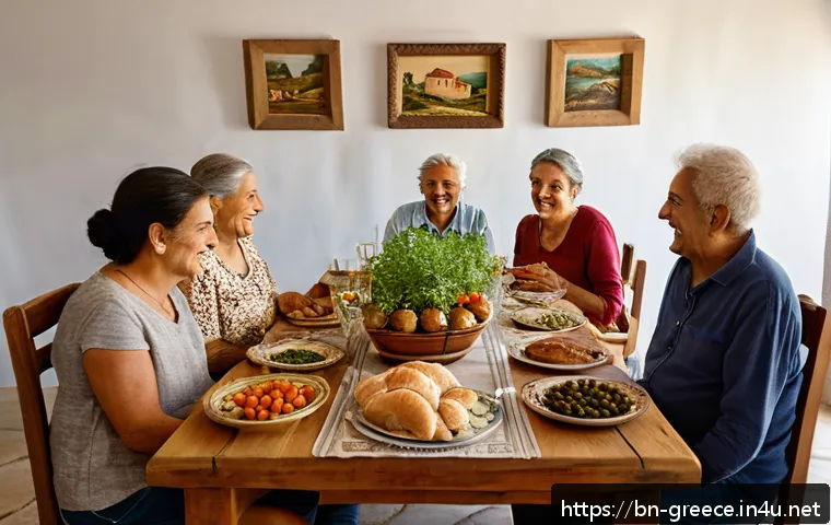 그리스 여행자가 주의해야 할 문화 차이 - A warm and inviting Greek family dining scene in a rustic village home, featuring multiple generatio...