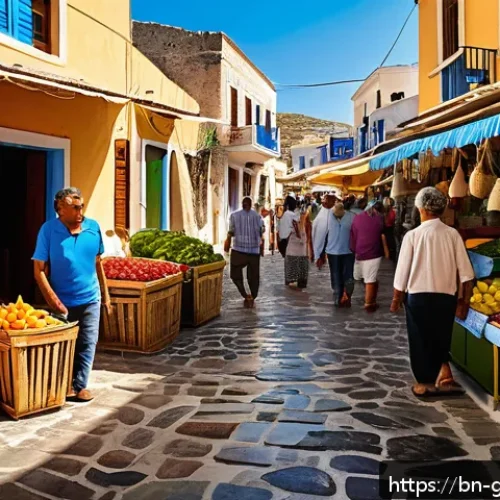 그리스에서 물가 절약하는 팁 - A vibrant local Greek market scene in a small town, featuring colorful fresh fruits, vegetables, and...