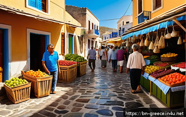 그리스에서 물가 절약하는 팁 - A vibrant local Greek market scene in a small town, featuring colorful fresh fruits, vegetables, and...