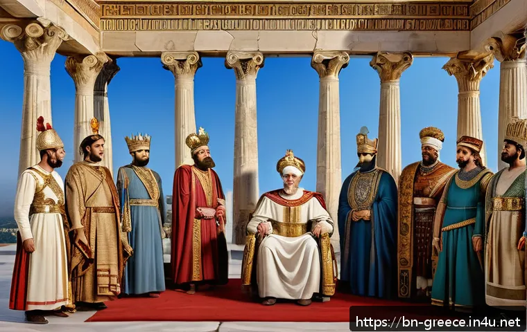 그리스 왕국 역사와 폐지 과정 - A detailed ancient Greek royal court scene showing a centralized monarchy with a powerful king seate...